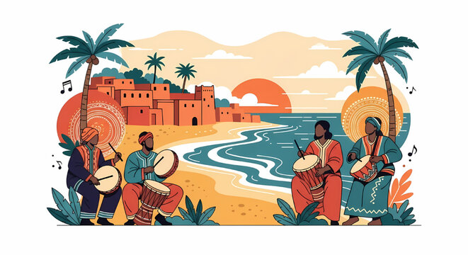 Group of traditional musicians playing drums on tropical beach
