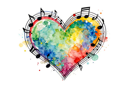 Festive heart shaped musical score with joyful multicolored notes