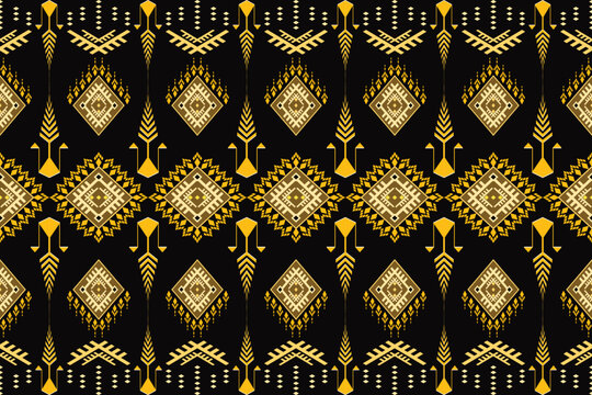Luxury Gold Ikat Seamless Pattern, Tribal Geometric Fabric Design, Traditional Ethnic Border Motif, CMYK