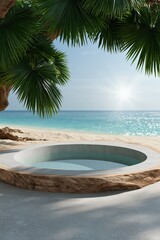 Fototapeta premium Circular stone plunge pool set on beach under palm trees