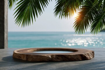 Fototapeta premium Carved wooden bowl filled with water overlooking ocean