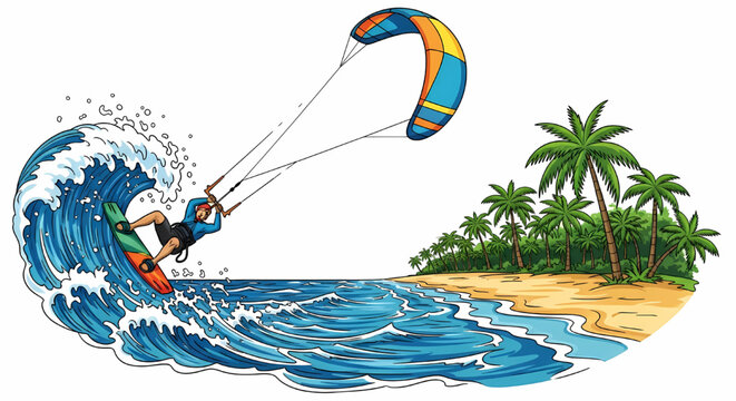 Dynamic illustration of a kitesurfer riding a wave near a tropical beach