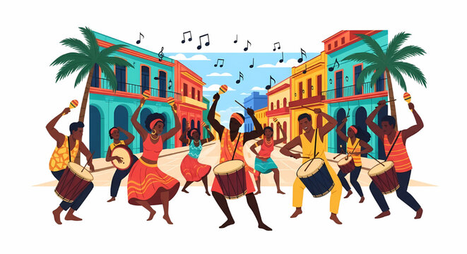 Vibrant illustration of people playing drums and dancing in a colorful city street