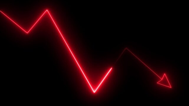 Global business fall graph  animation. Abstract glowing neon line business graph growth arrow to down arrow. 4k stock video.