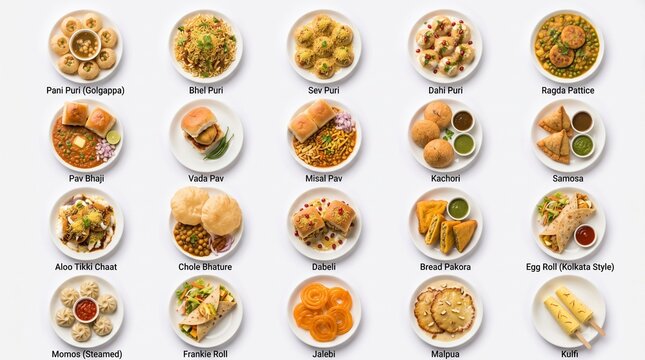 Top down flat lay of popular Indian street food and snacks variety grid with text labels including pani puri, pav bhaji, samosa, and chole bhature on white background