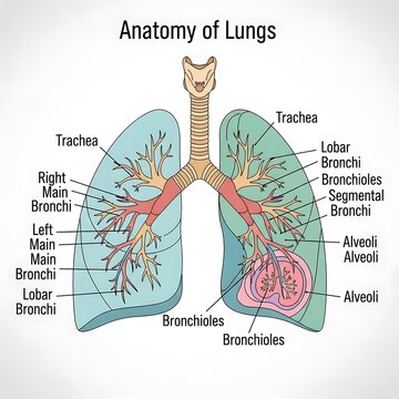 Detailed anatomical diagram of human lungs and bronchial tree.