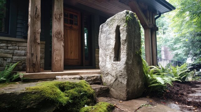 Natural stone entry feature complements rustic wooden pillars at an outdoor residence entrance
