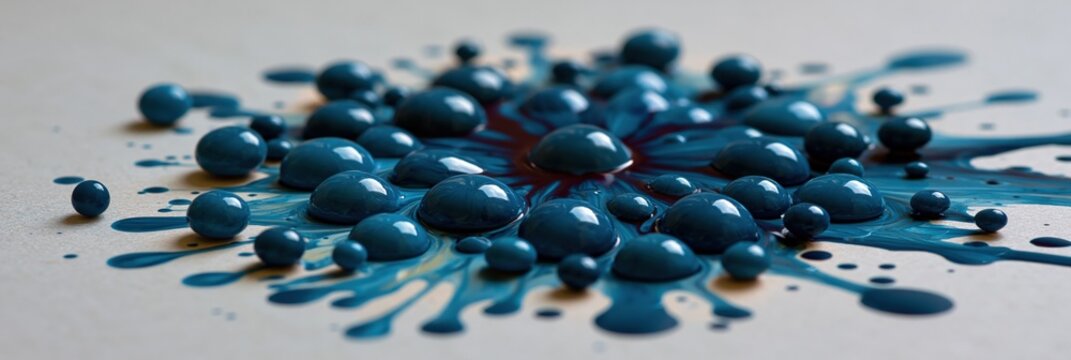Turquoise paint droplets clustered on white surface closeup
