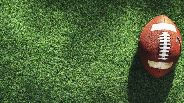 Classic leather american football resting on a vibrant green grass field, providing a perfect backdrop for sports related themes and designs