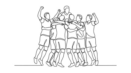Obraz premium A continuous line drawing of a group of soccer players celebrating a victory together.