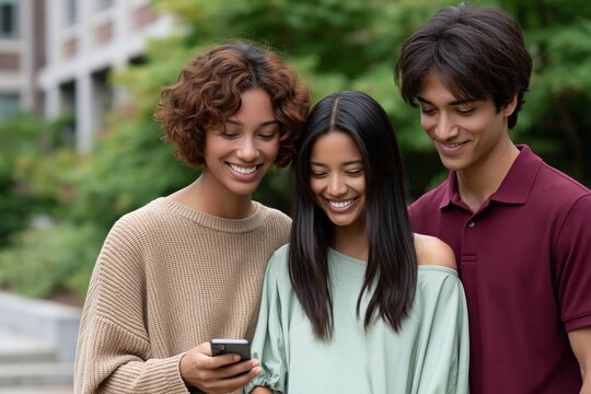 Three young adults checking smartphone together outdoors campus