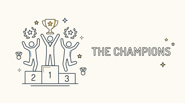 Hand drawn illustration of three winners standing on a podium with a trophy.