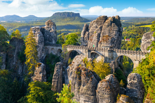 Panorama view of the Bastei. The Bastei is a famous rock formation in Saxon Switzerland National Park, Germany
