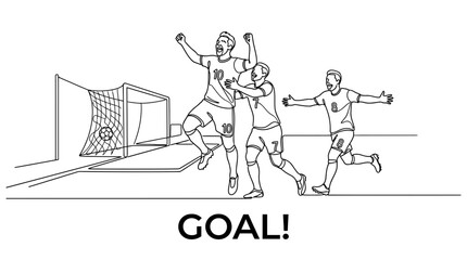 Obraz premium Three soccer players celebrating a goal on the field.