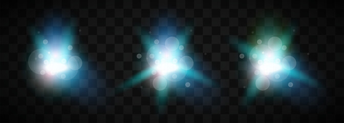 Set of glowing blue light effects with bokeh particles on dark background. Magic bright shine. Vector illustration © hobbitfoot