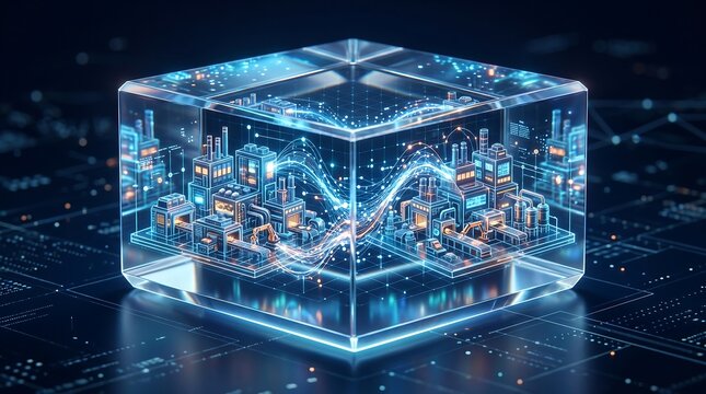 A futuristic, glowing blue cube with various graphs and charts on its transparent sides sits on a dark electronic circuit board background with a neon-like ambiance.