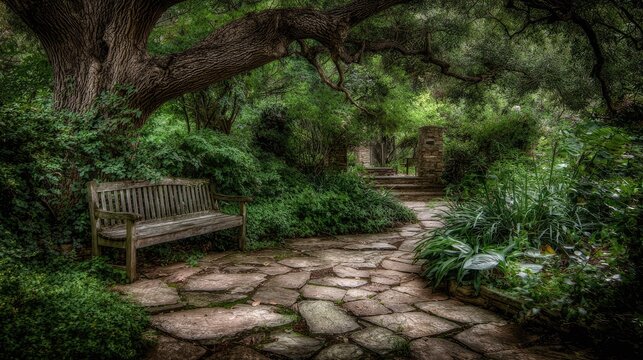 Weathered wooden seating rests beside a meandering flagstone path under dense forest canopy