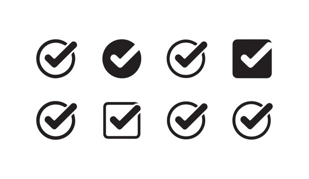 Set of verification icons with tick marks enclosed in rounded outlines for digital user systems.