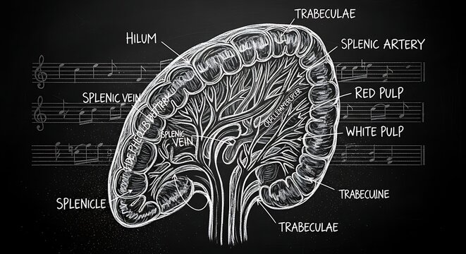 Detailed anatomical diagram of the human spleen structure.