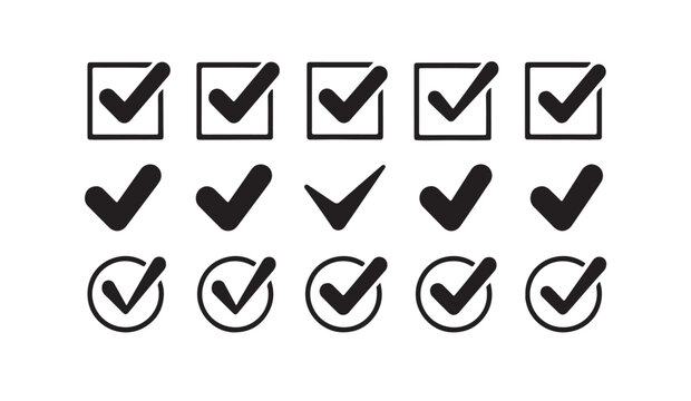 Check mark icons collection. checklist checkbox square round shape. vote button set. black vector.