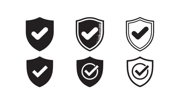 Security shield icons featuring checkmarks with solid and outlined styles for protection symbols.