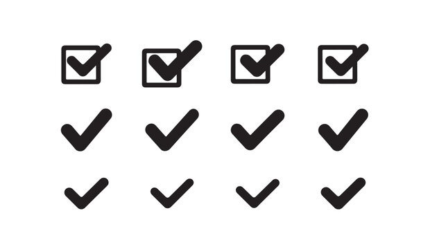 Check mark icons collection. checklist checkbox square round shape. vote button set. black vector.