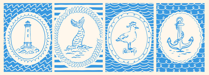 Naklejka na ściany i meble Sea, nautical illustrations set. Summer naive wall art. Waves, seagull, mermaid tail, anchor, lighthouse. Handdrawn cute style. Design for card, poster, stamp.