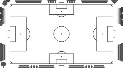 A top down schematic diagram of a professional soccer field with surrounding stadium seating. © Nasoha_Alhabib