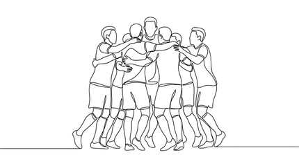 A continuous line drawing of a group of soccer players celebrating a goal together. © Nasoha_Alhabib