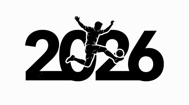 A black silhouette of a soccer player kicking a ball integrated into the year 2026.