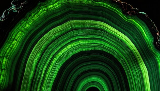 Concentric banded green malachite gemstone slice showing intense color variations from Shaba Province Democratic Republic of the Congo