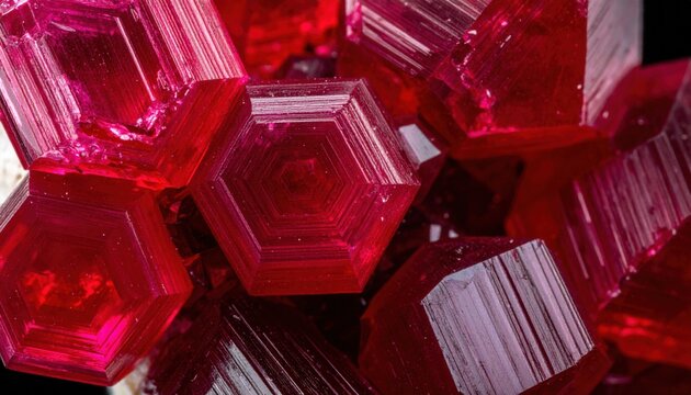 Translucent hexagonal deep red cinnabar crystal cluster displaying distinctive growth lines from Hunan Province China