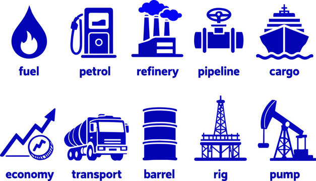 Create a oil and gas icon set. fuel, petrol, refinery, pipeline, cargo, economy, transport, barrel, rig, pump. editable solid vector art with white background.