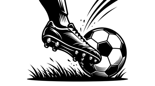 A detailed black and white illustration of a soccer cleat striking a ball.