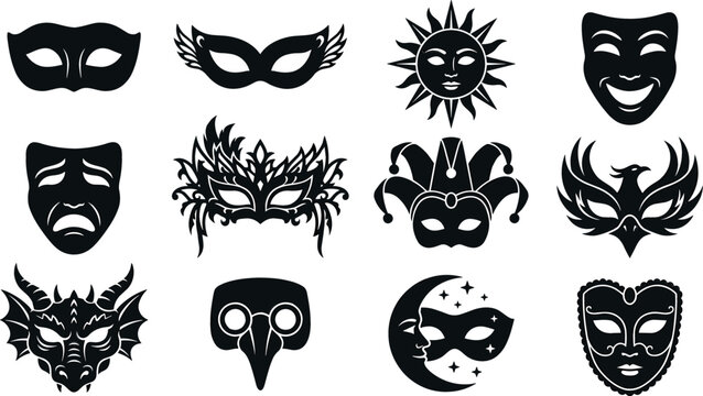 Collection of black carnival masks silhouettes including Venetian masquerade jester drama comedy tragedy plague doctor and theater characters isolated on white background