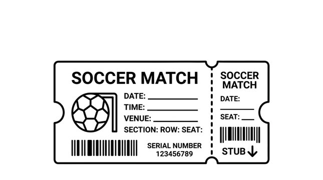 A black and white graphic illustration of a soccer match ticket with a ball icon.
