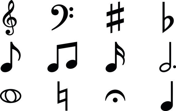 Collection of black music notes and notation symbols including treble clef bass clef sharp flat natural and eighth notes isolated on white background vector