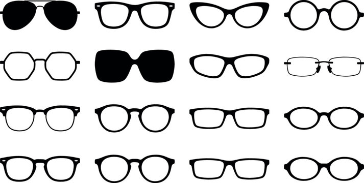 Collection of black eyeglasses silhouettes and modern fashion optical frames icons in various geometric shapes isolated on a white background