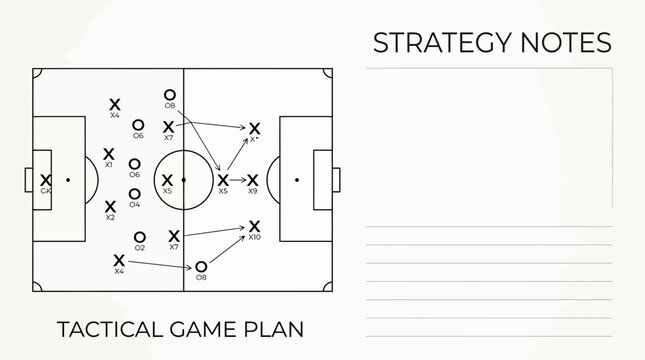 A tactical soccer game plan template with a field diagram and strategy notes section.