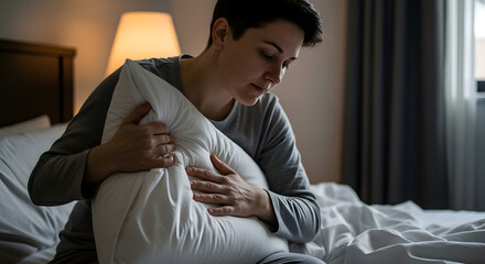 Fototapeta premium A person clutches a pillow on a rumpled bed, conveying a sense of loneliness and despondency, illuminated by the soft glow of a bedside lamp.