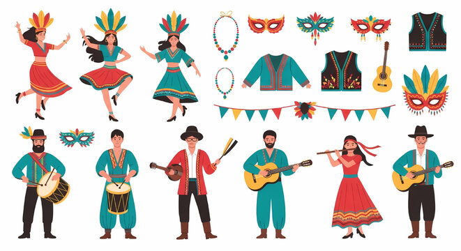 Traditional carnival dancers and musicians in festive attire