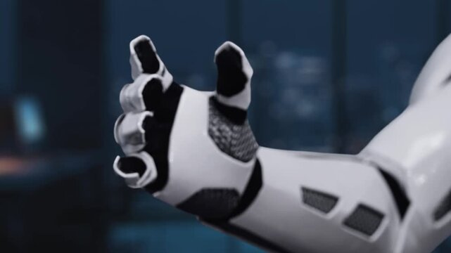 This image illustrates the concept of artificial intelligence merging human intellect with machine capabilities, featuring a robotic arm and a digital brain overlay in a modern office setting. Synapse