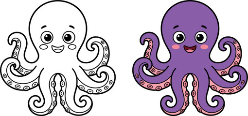 Cute cartoon octopus character in purple color and black white line art outline version for coloring book isolated on white background vector illustration © MdMehedi