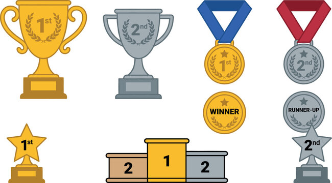 Golden and silver award trophies set with winner first and runner up second medals star trophies and winner podium isolated vector cartoon illustration