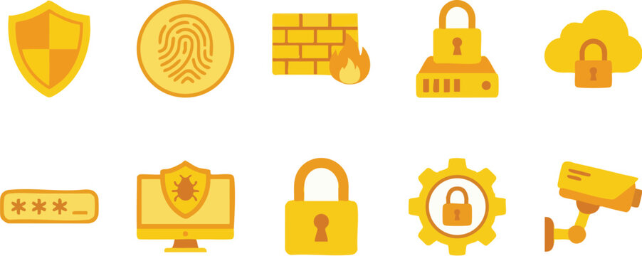 Golden cybersecurity icons set including shield, fingerprint, lock, and more