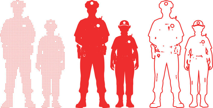 Police Officers Standing Together Red Silhouette and Dotted Outline on White law enforcement security