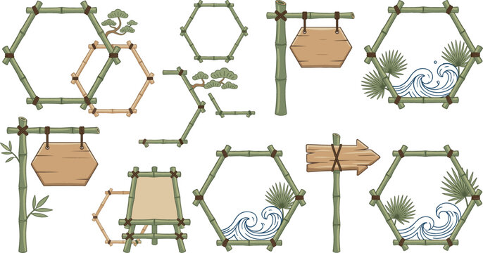 Japanese style bamboo frames collection with wooden signs oriental waves pine bonsai tree elements and hexagonal borders isolated vector cartoon illustration