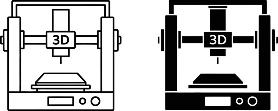 3D printer icon in outline and solid fill styles for digital manufacturing and prototyping concepts