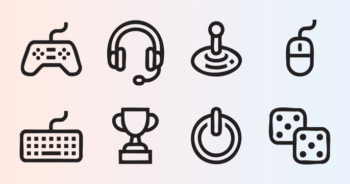 Collection of gaming and technology icons including controller headphones keyboard and joystick design elements
