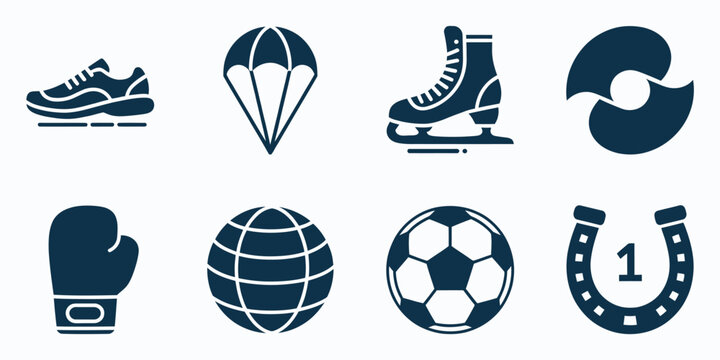 Sports and active recreation solid icon set featuring running shoe parachute ice skate abstract logo boxing glove globe soccer ball and horseshoe